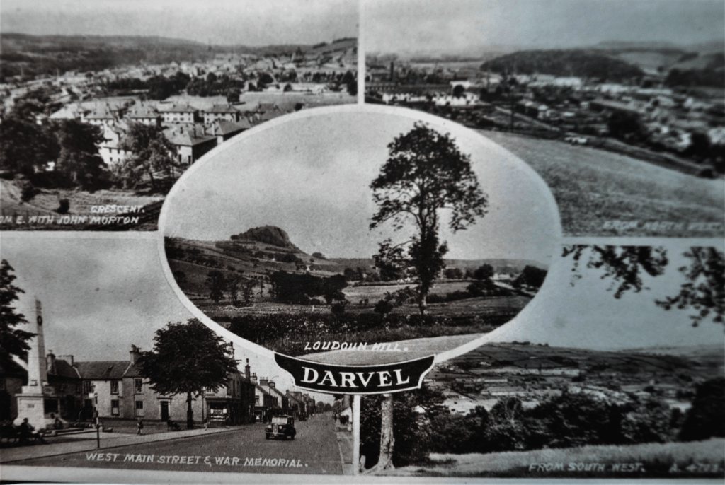 A multi-view postcard showing Morton Park, Loudoun Hill, West Main Street and views across Darvel. Date unknown.