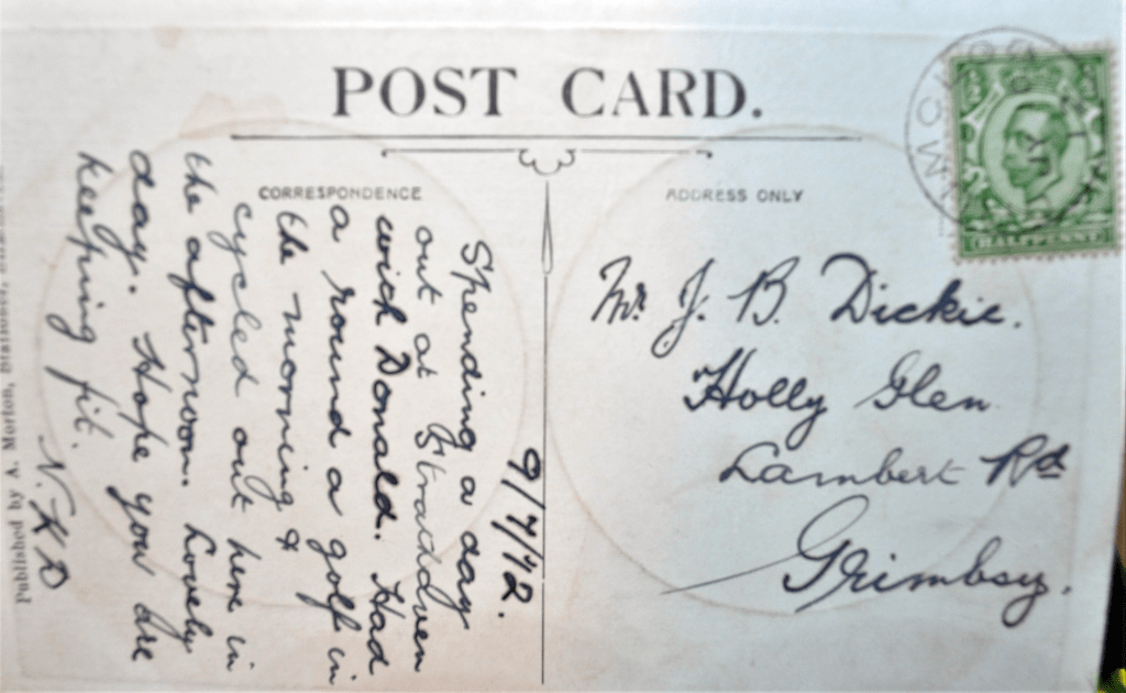A postcard sent from Darvel to J. B. Dickie at Holly Glen, Grimsby, dated 9 July 1942.