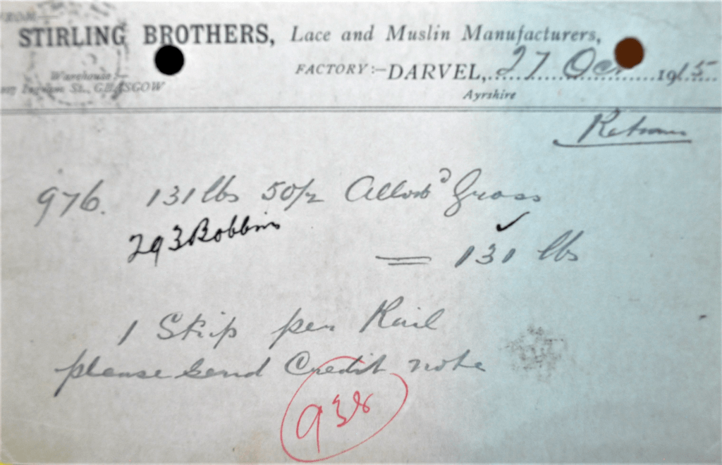 A handwritten factory note on Stirling Brothers lace and muslin manufacturers’ letterhead. Dated 27 October 1903.