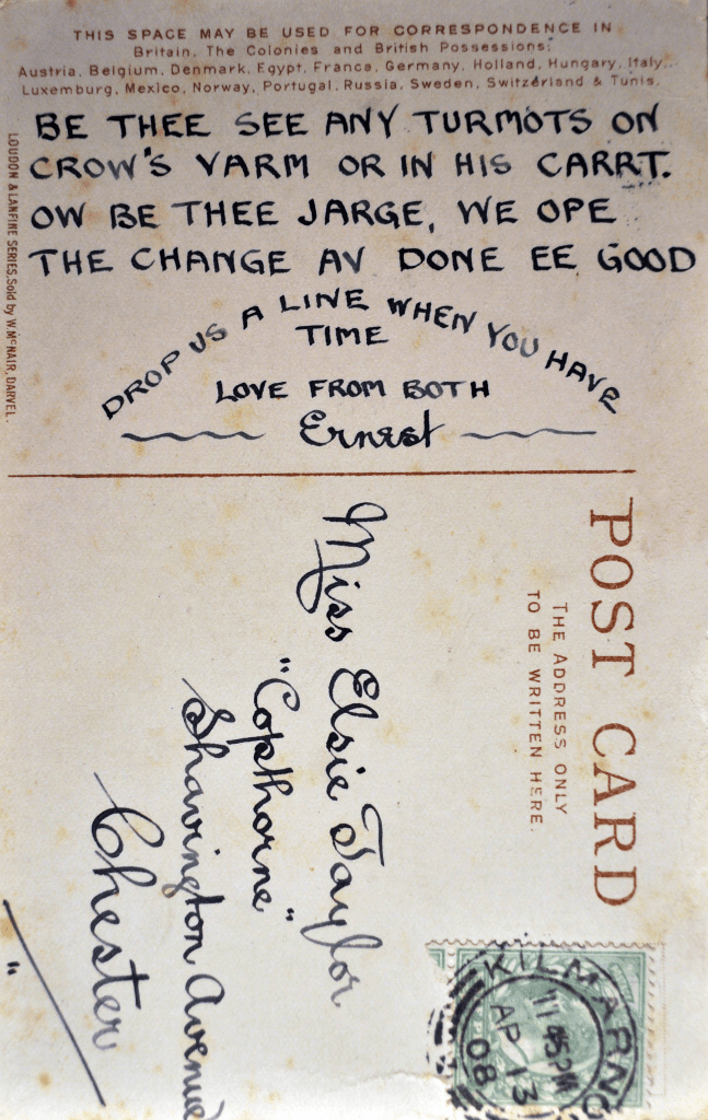 The reverse of a Darvel novelty postcard, carrying a handwritten message in Scots and signed Ernest. Date unknown.